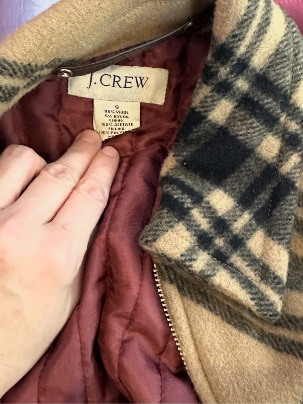 J.Crew Vintage Heavyweight Wool Plaid Jacket Coat Tan Black S